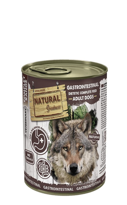 Comida húmeda Natural Greatness Gastrointestinal sin cereales para perros con problemas digestivos, pack 6x400 g