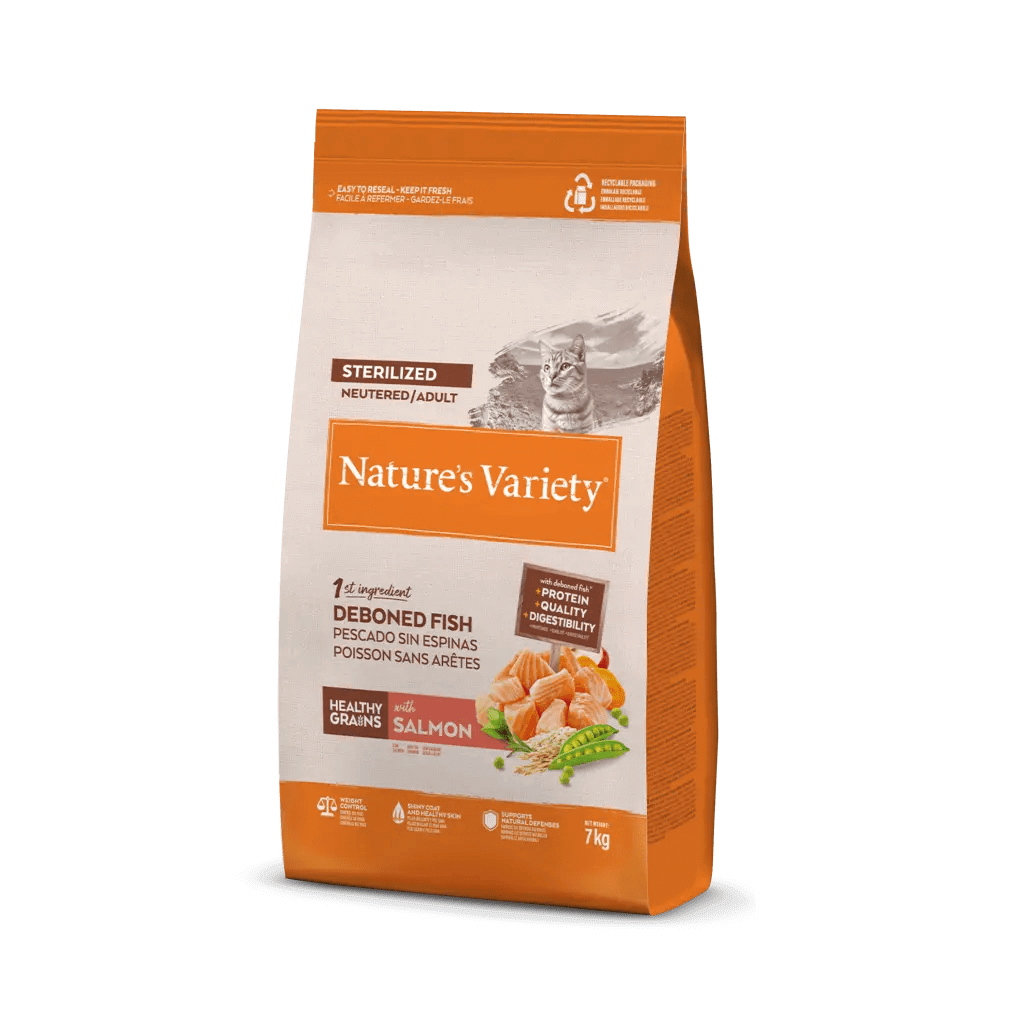 NATURE’S VARIETY Sterilized Healthy Grains Salmón para gato esterilizado – alimento completo y equilibrado con ingredientes naturales