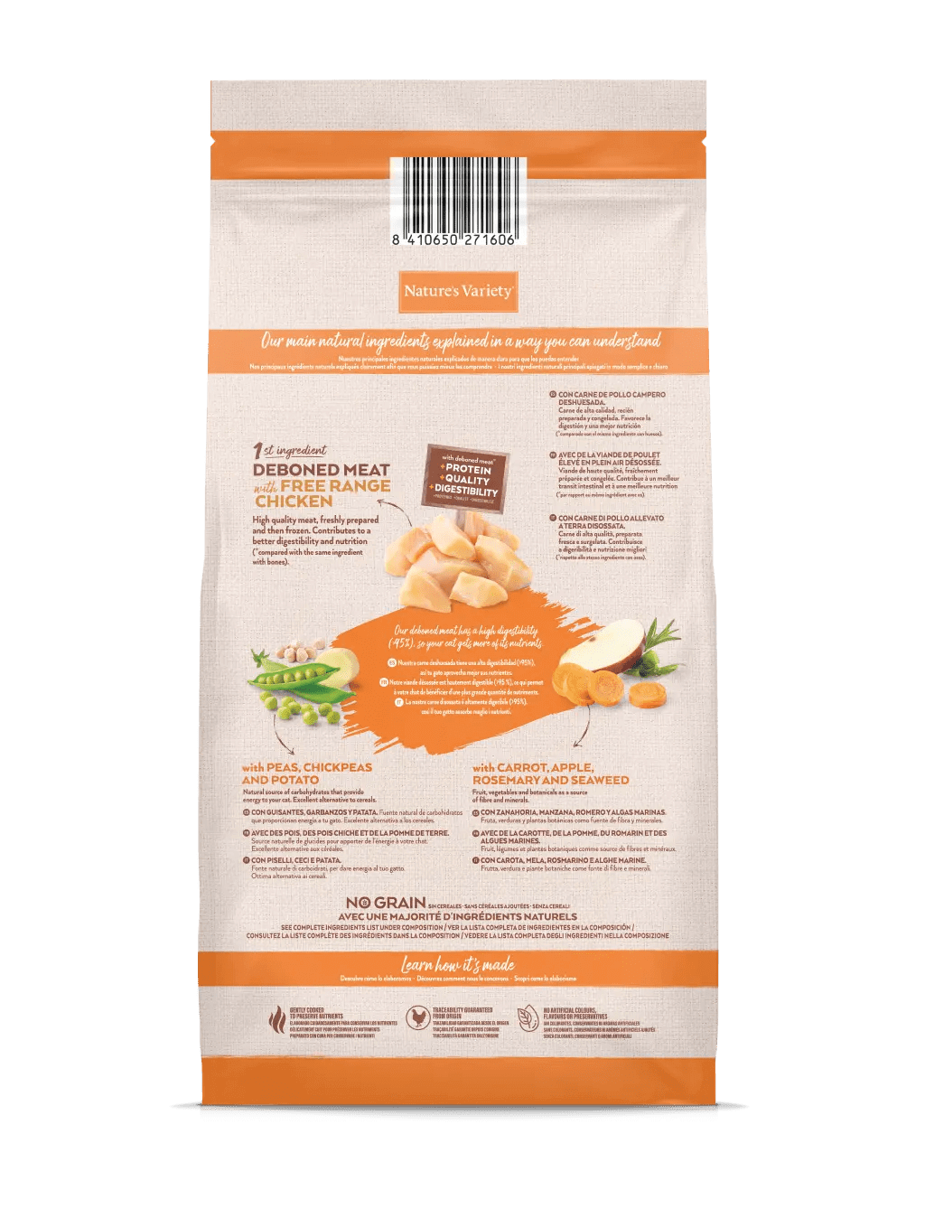 Nature’s Variety Selected sin cereales para gatos esterilizados, con pollo campero y superalimentos, ideal para el control del peso y el cuidado del pelaje.