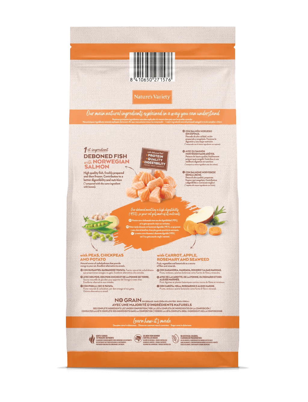 Nature’s Variety No Grain Esterilizado Salmón Noruego para gato adulto esterilizado, sin cereales, con ingredientes naturales.