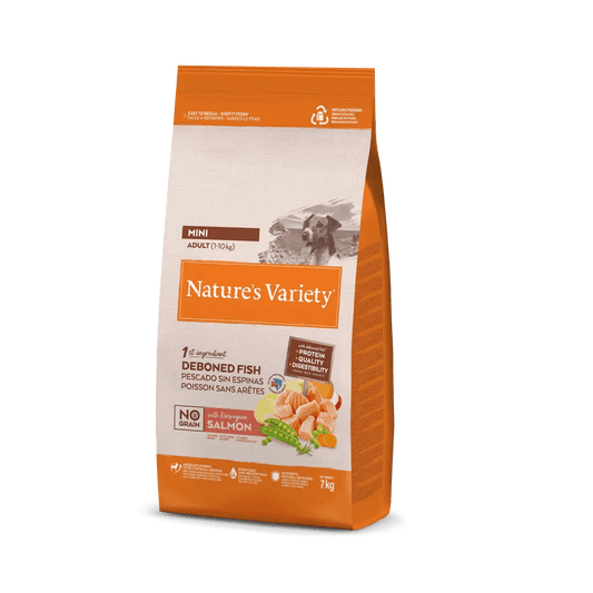 Saco de pienso NATURE'S VARIETY Mini Adult sin cereales con salmón – Gabo y Gordo E Shop