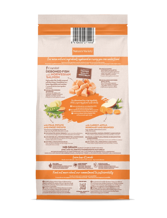 Saco de pienso NATURE'S VARIETY Mini Adult sin cereales con salmón – Gabo y Gordo E Shop
