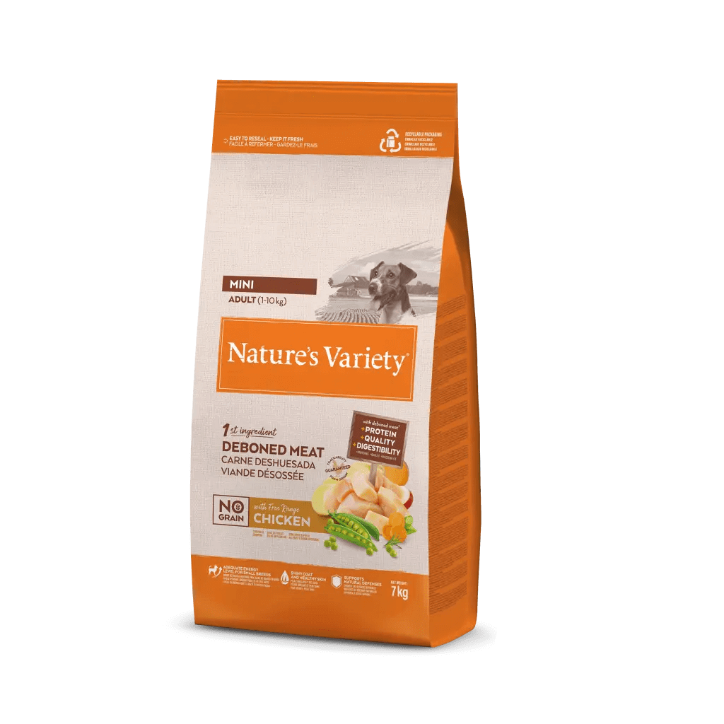 Pienso Nature's Variety Mini Adult sin cereales con pollo campero para perros pequeños – disponible en Gabo y Gordo E Shop con envío gratis en Gran Canaria