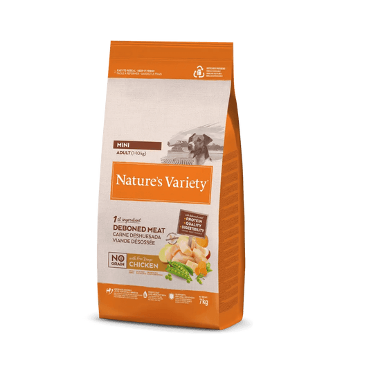 Pienso Nature's Variety Mini Adult sin cereales con pollo campero para perros pequeños – disponible en Gabo y Gordo E Shop con envío gratis en Gran Canaria