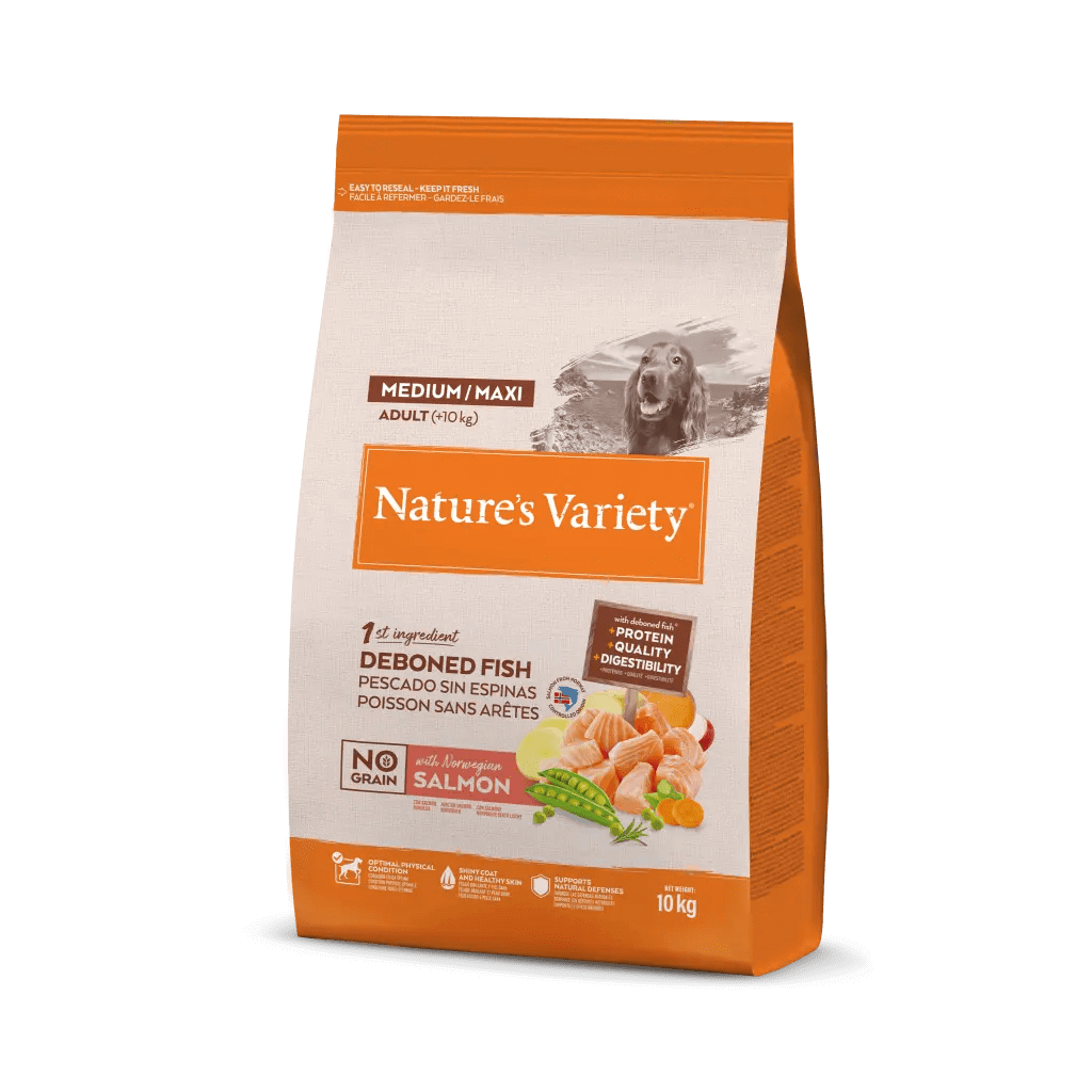 Saco de pienso Nature's Variety Original Salmón No Grain para perro adulto mediano o grande, sin cereales, con salmón como primer ingrediente natural.