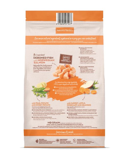 Saco de pienso Nature's Variety Original Salmón No Grain para perro adulto mediano o grande, sin cereales, con salmón como primer ingrediente natural.