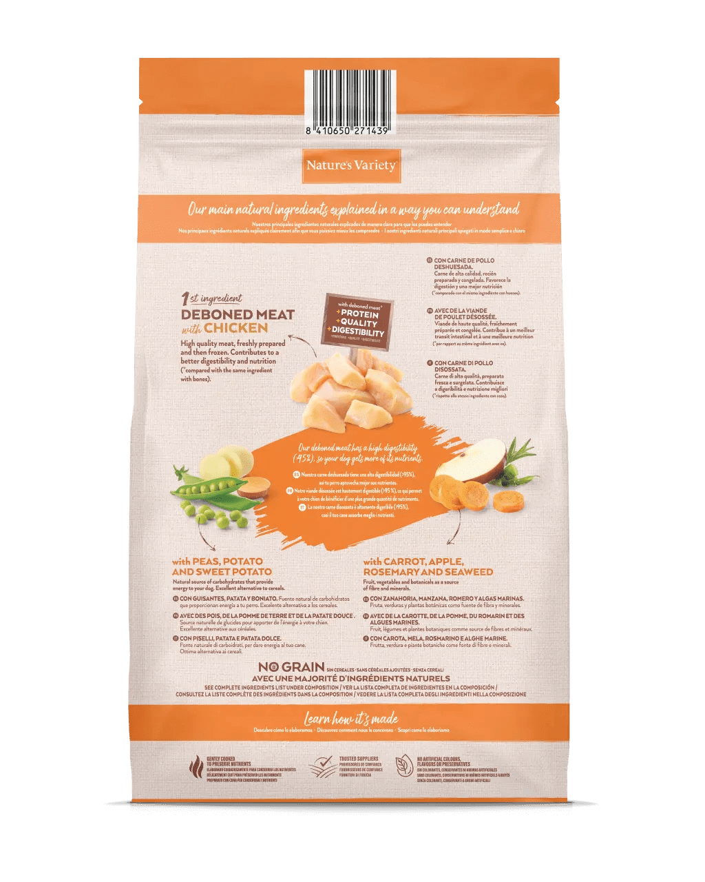 Pienso Nature’s Variety Selected con pollo campero deshuesado para perro adulto, sin cereales, con frutas y verduras naturales.