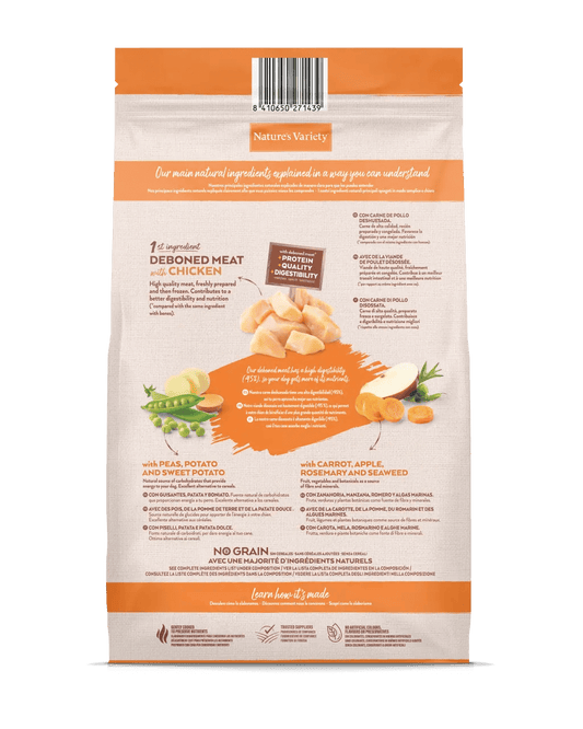 Pienso Nature’s Variety Selected con pollo campero deshuesado para perro adulto, sin cereales, con frutas y verduras naturales.