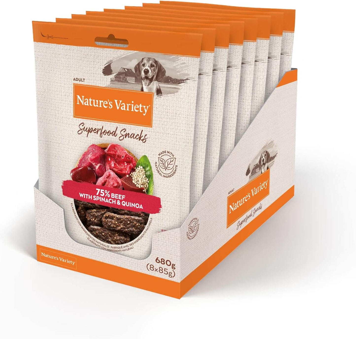 Snack natural para perro adulto con buey, espinaca y quinoa. Barritas cocidas al horno, bajas en calorías, sin conservantes ni colorantes.