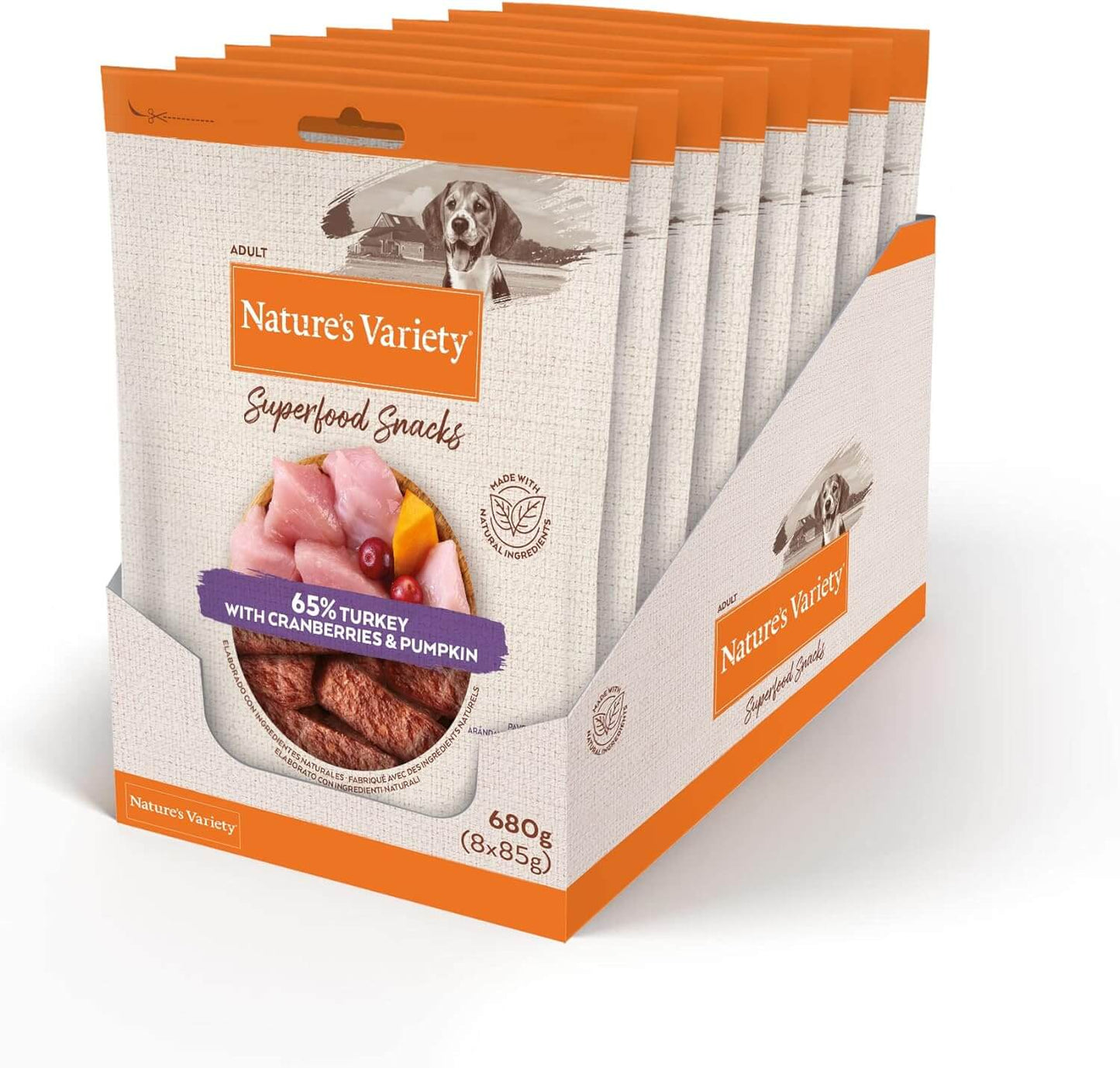 Barritas naturales para perros con pavo, arándanos rojos y calabaza. Snack complementario bajo en calorías cocido al horno, sin aditivos.