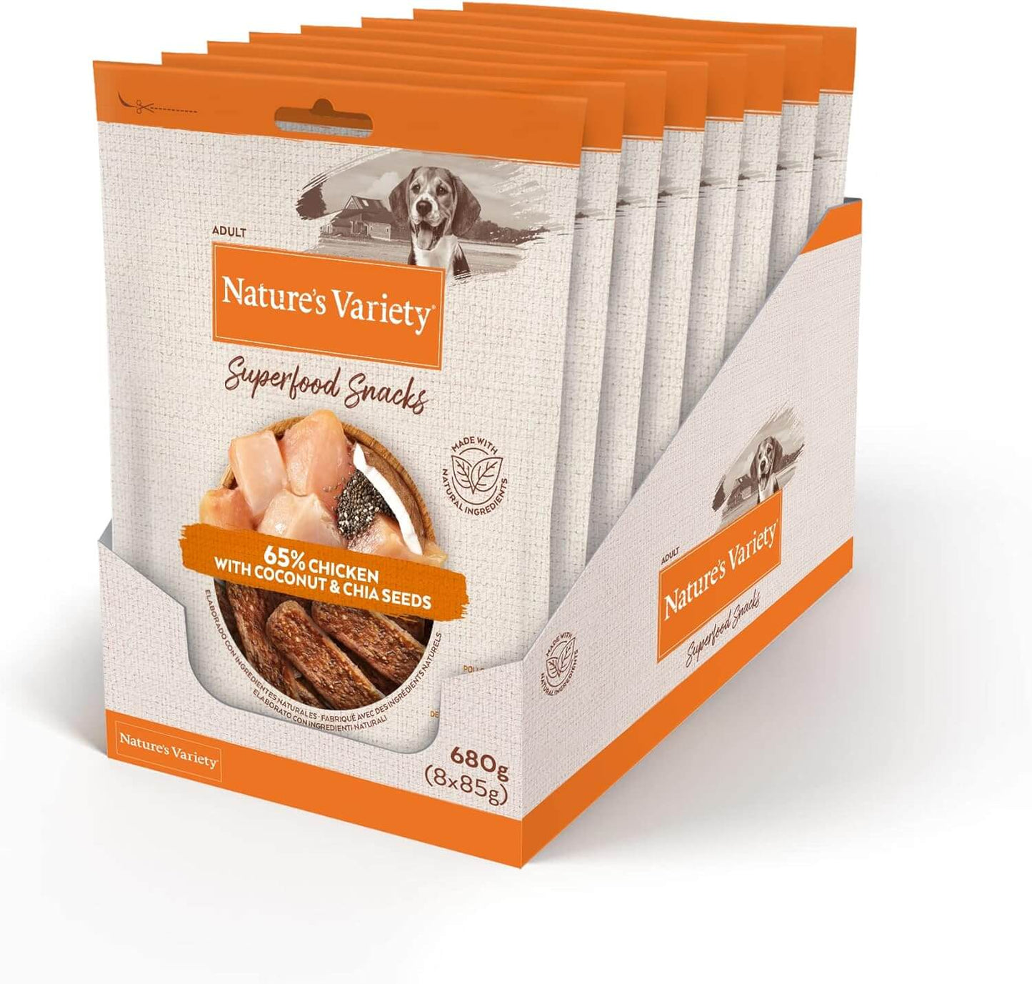 Snack natural para perro adulto con pollo, coco y semillas de chía. Barritas masticables cocidas al horno con ingredientes naturales y superfoods.
