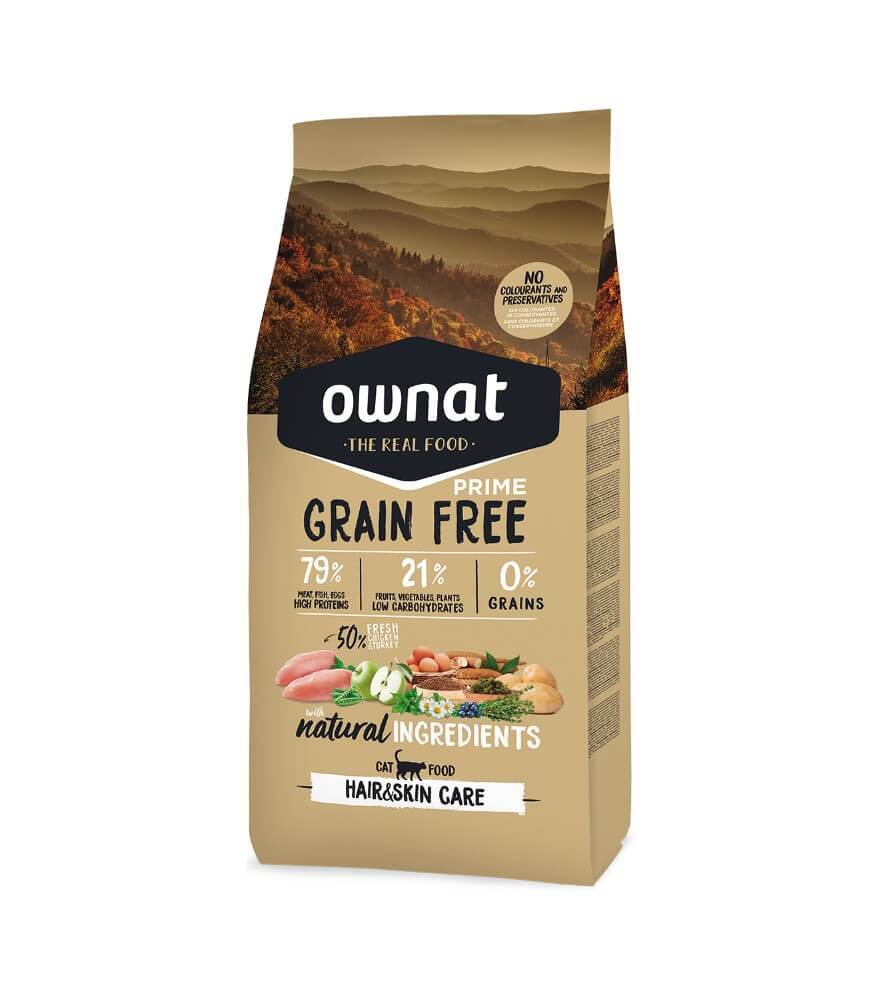 OWNAT Prime Grain Free Hair & Skin Care – Pienso sin cereales para gatos adultos con piel y pelo sensibles.