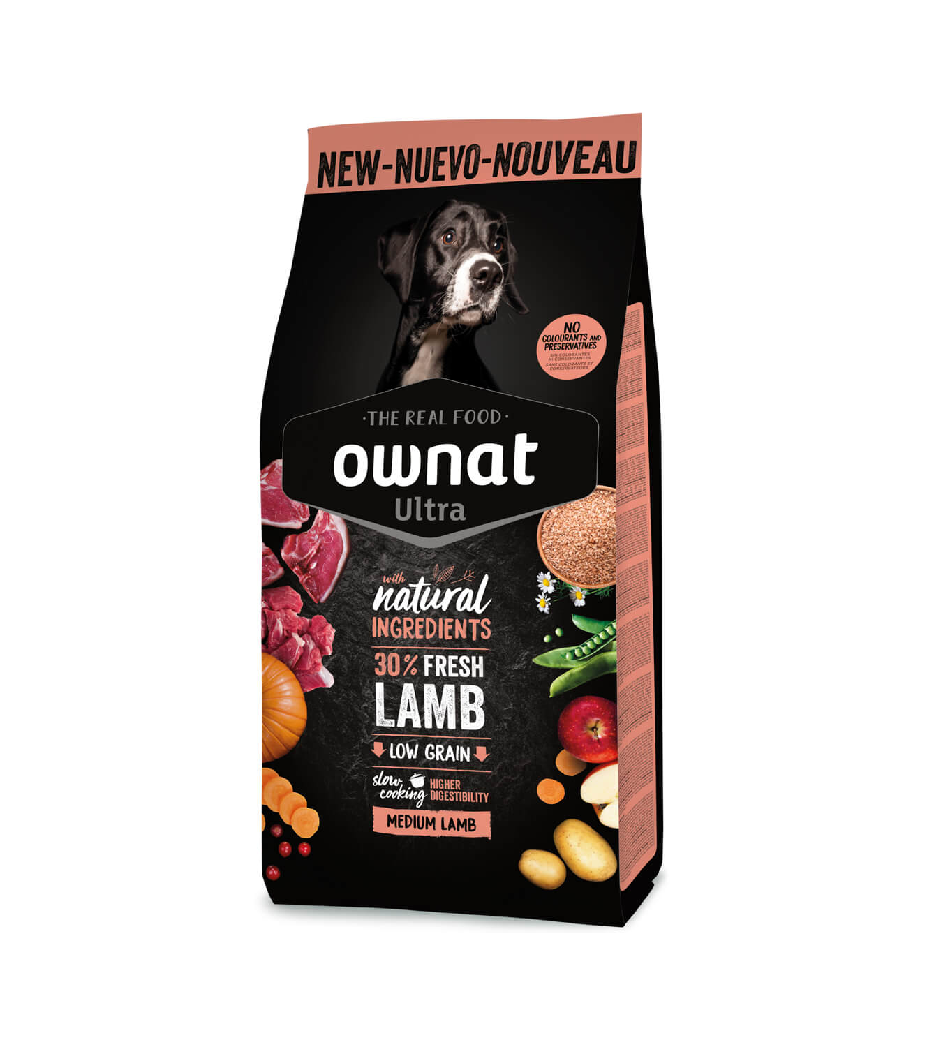 OWNAT Ultra Medium Lamb & Rice Low Grain pienso natural con cordero y arroz para perros medianos.