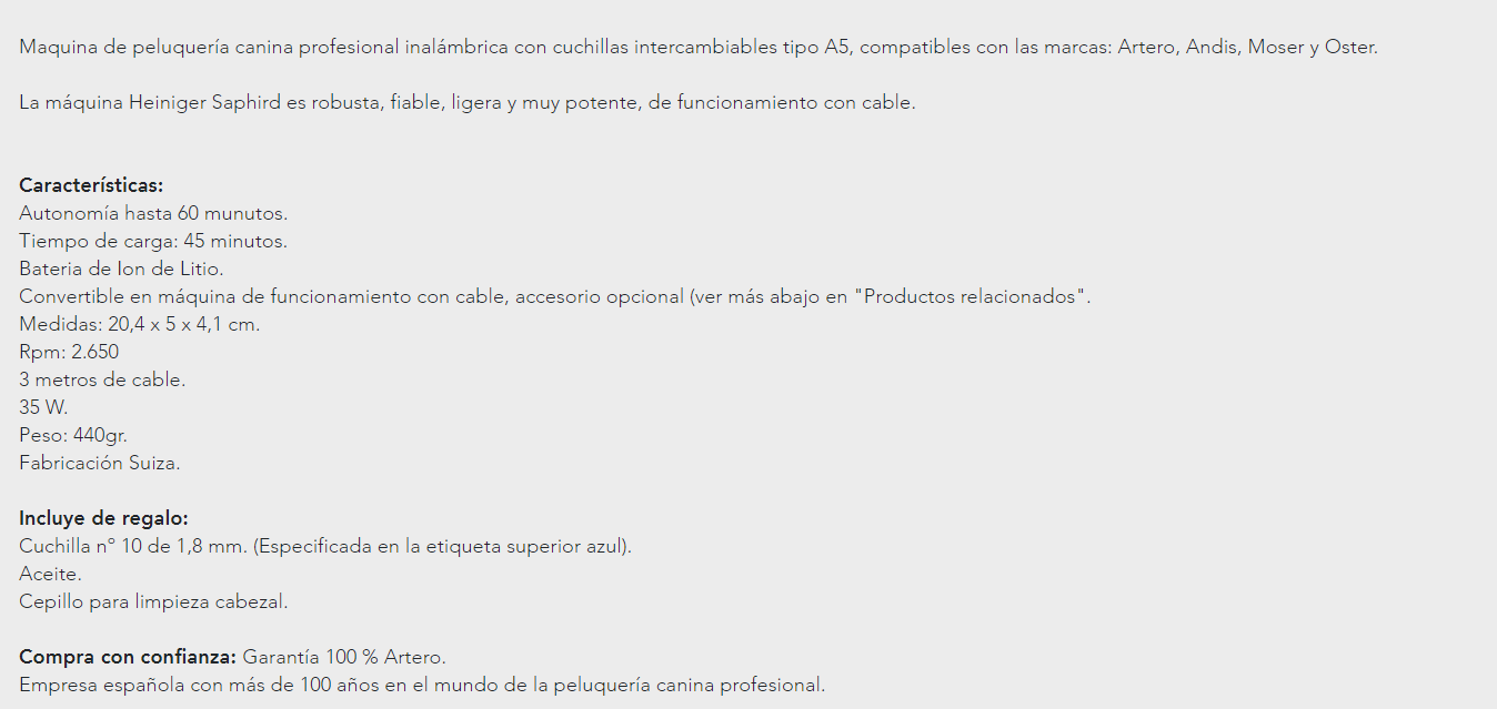 Artero Máquina Heiniger Saphir Batería en Gabo y Gordo E Shop, la mejor tienda online en las Islas Canarias, España, tienda online para mascotas, perros, gatos, conejos, tortugas, animales, accesorios para mascotas en general. 
Gabo y Gordo E Shop in Canary Islands, the best store for pets, dogs, cats, rabbits, turtles, animals, pet accessories.