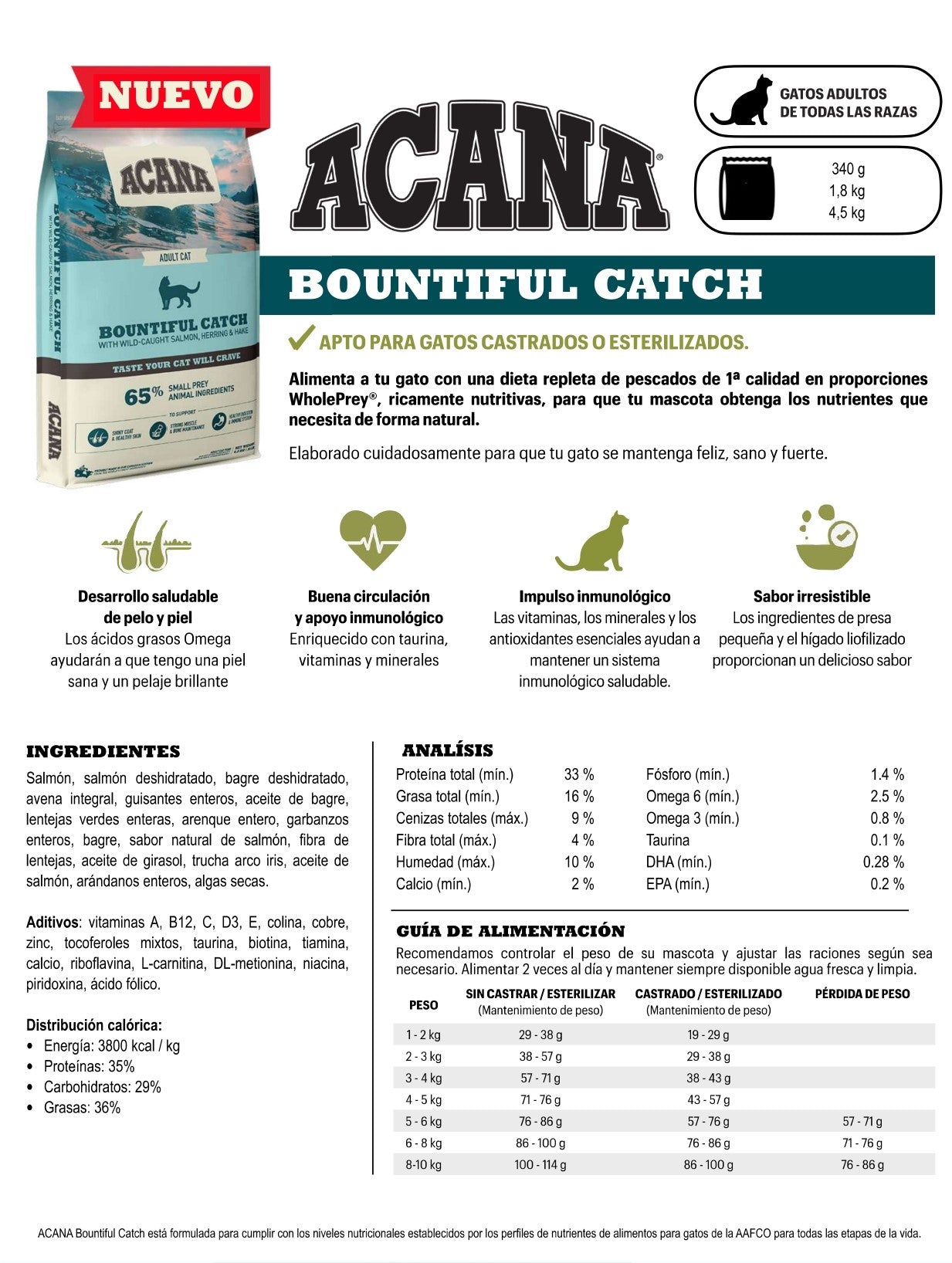 ACANA Bountiful Catch pienso natural sin cereales para gatos con salmón, bagre y arenque