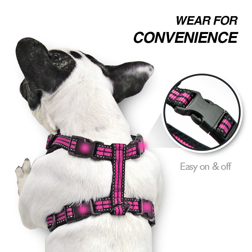 Arnés antitirones reflectante para perro en color negro, ideal para paseos seguros y cómodos.