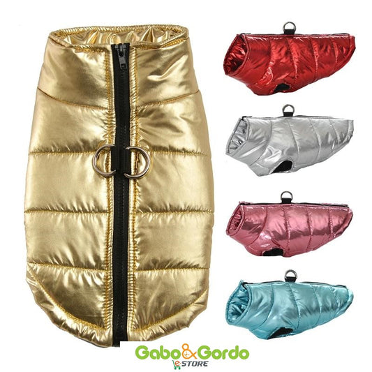 Chaleco metalizado estilo años 80 para perros, con arnés integrado y diseño impermeable.