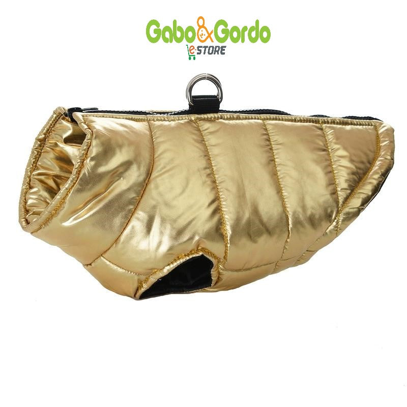 Chaleco metalizado estilo años 80 para perros, con arnés integrado y diseño impermeable.