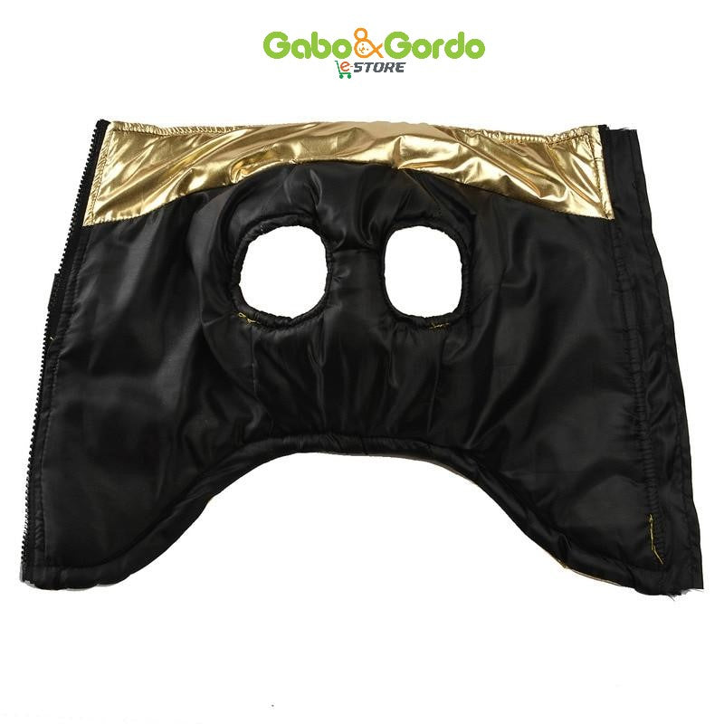 Chaleco metalizado estilo años 80 para perros, con arnés integrado y diseño impermeable.