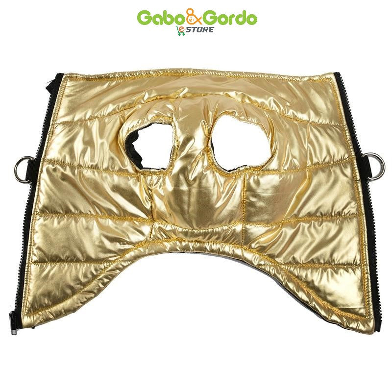 Chaleco metalizado estilo años 80 para perros, con arnés integrado y diseño impermeable.