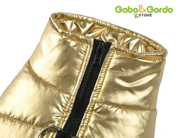 Chaleco metalizado estilo años 80 para perros, con arnés integrado y diseño impermeable.