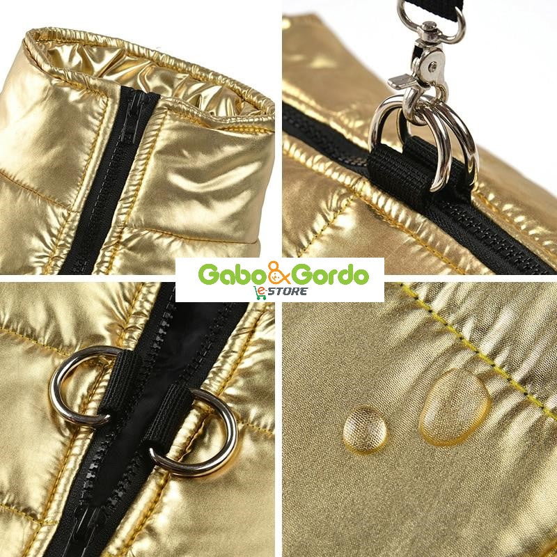 Chaleco metalizado estilo años 80 para perros, con arnés integrado y diseño impermeable.