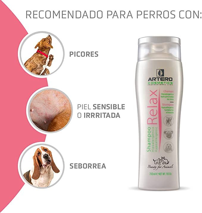 Champú Artero Relax de 250 ml para perros y gatos con piel sensible, hipoalergénico y relajante.