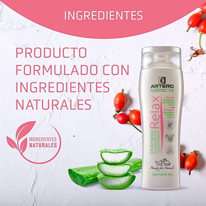 Champú Artero Relax de 250 ml para perros y gatos con piel sensible, hipoalergénico y relajante.