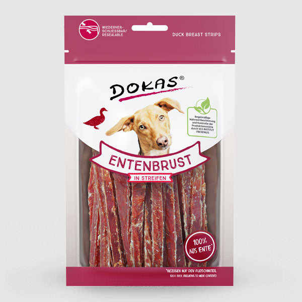Snack natural DOKAS tiras de pechuga de pato para perros - sin cereales ni aditivos, ideal como premio saludable