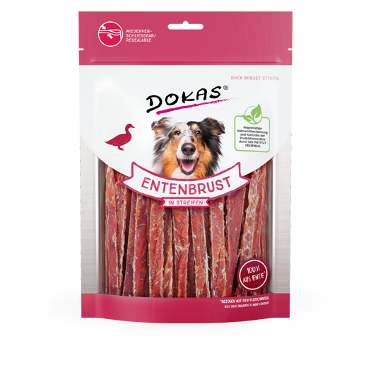 Snack DOKAS tiras de pechuga de pato natural para perros adultos, bajo en grasa