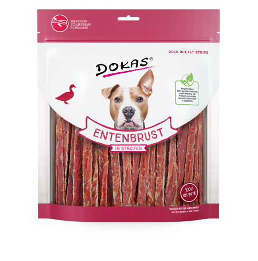 Snack DOKAS tiras de pechuga de pato natural para perros adultos, bajo en grasa