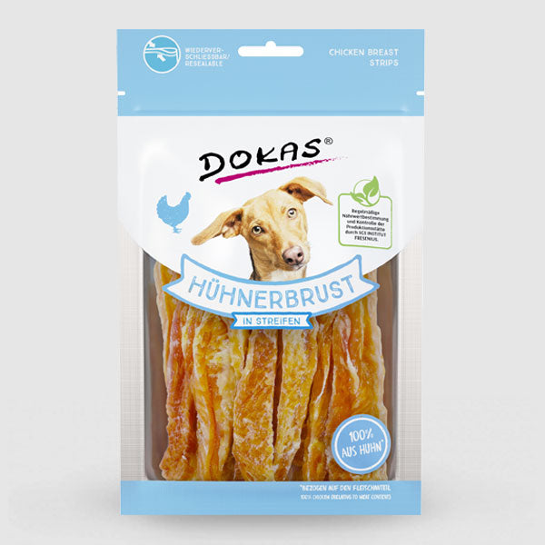 Snack DOKAS tiras de pechuga de pollo natural y bajo en grasa para perros adultos 70 g