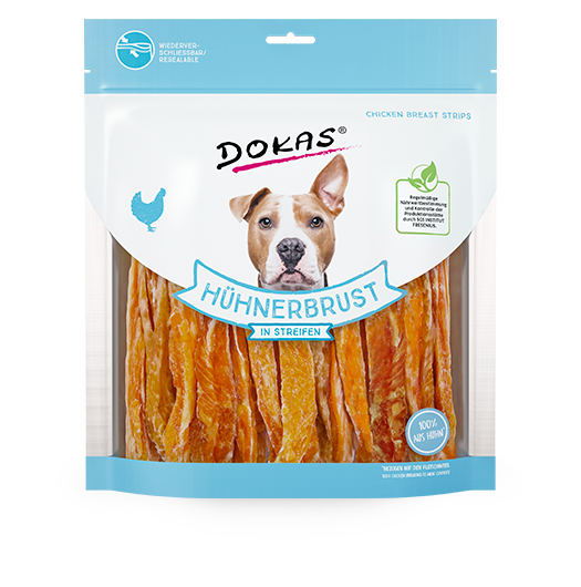 Snack DOKAS tiras de pechuga de pollo natural y bajo en grasa para perros adultos 70 g
