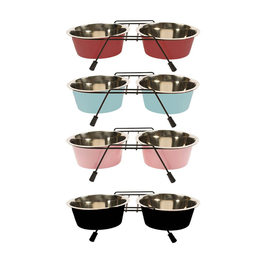 Comedero doble elevado de acero inoxidable Duvo Plus para perros y gatos