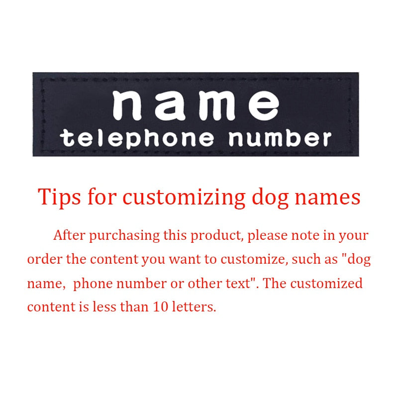 Etiqueta personalizada para arnés de perro tipo K9 con velcro negro y letras blancas