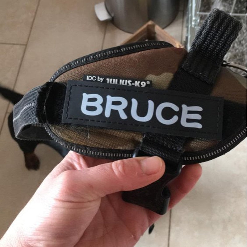 Etiqueta personalizada para arnés de perro tipo K9 con velcro negro y letras blancas