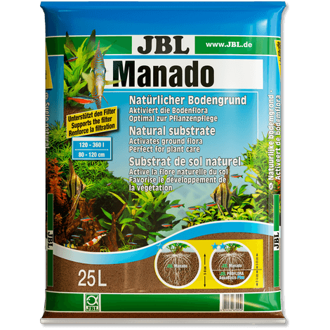 Envase de sustrato JBL Manado para acuarios de agua dulce con plantas acuáticas.