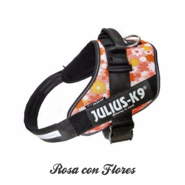 Arnés JULIUS K9 IDC Rosa con flores, reflectante y ergonómico para perros
