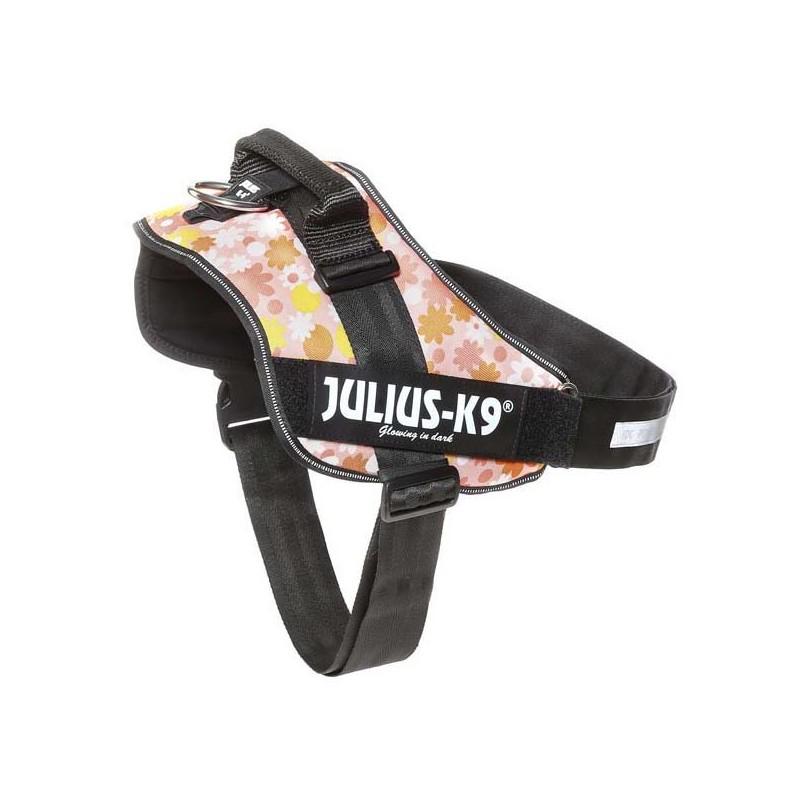 Arnés JULIUS K9 IDC Rosa con flores, reflectante y ergonómico para perros