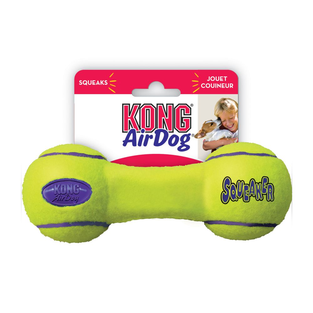 Juguete KONG AirDog® Squeaker Dumbbell con sonido para perros, ideal para lanzar y recoger, disponible en Gabo y Gordo E Shop.