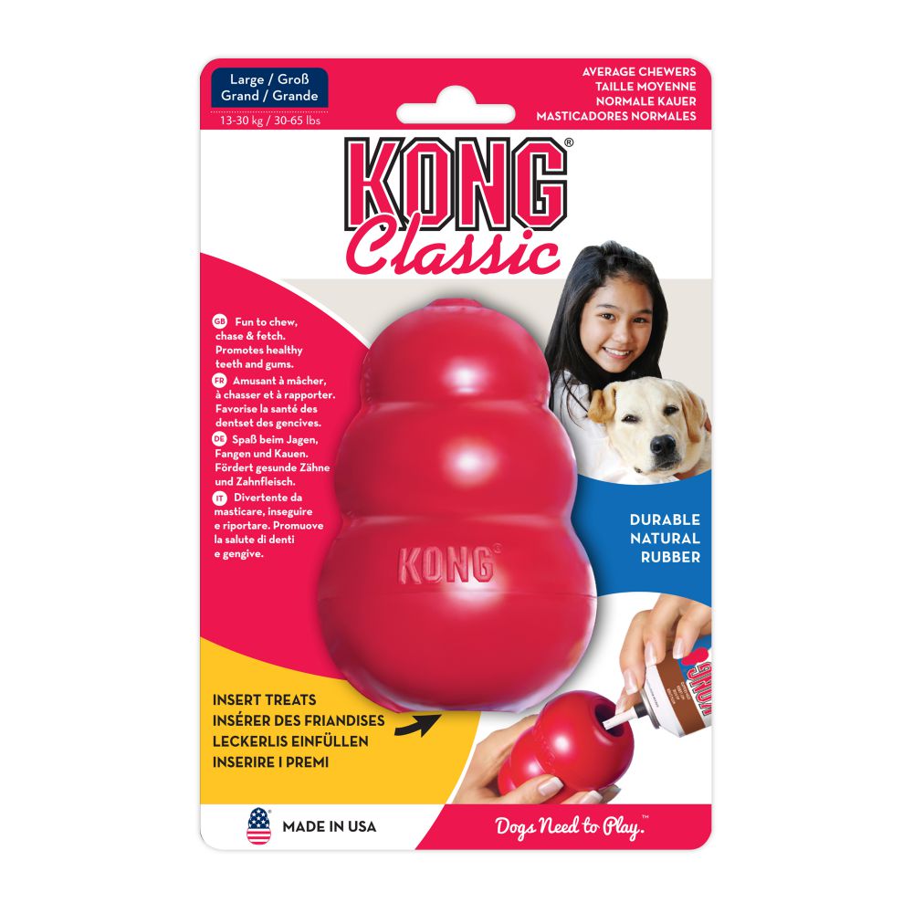 KONG Classic juguete resistente de caucho natural para perros, ideal para masticar, jugar y rellenar con snacks, disponible en Gabo y Gordo E Shop.