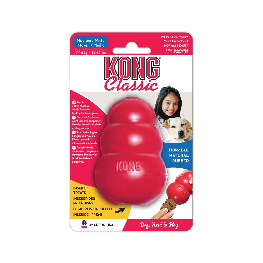 KONG Classic juguete resistente de caucho natural para perros, ideal para masticar, jugar y rellenar con snacks, disponible en Gabo y Gordo E Shop.