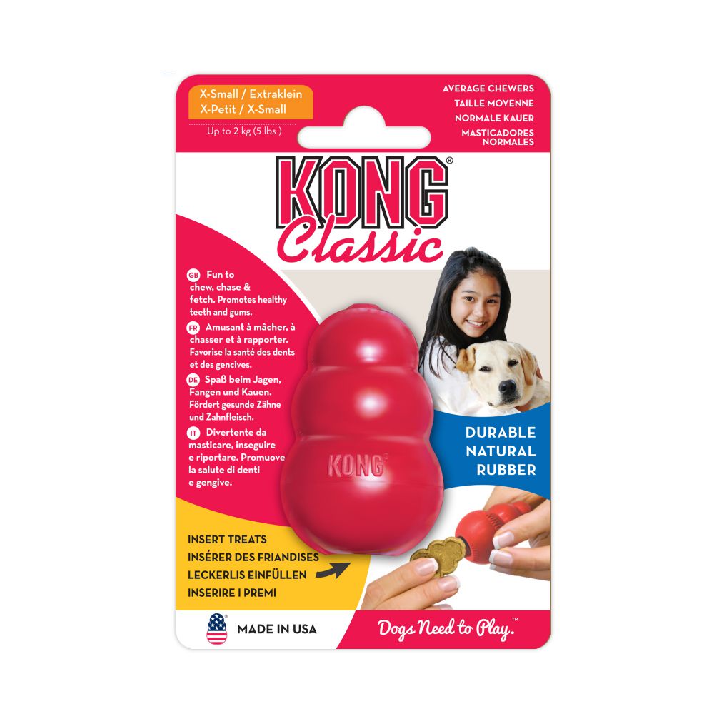 KONG Classic juguete resistente de caucho natural para perros, ideal para masticar, jugar y rellenar con snacks, disponible en Gabo y Gordo E Shop.