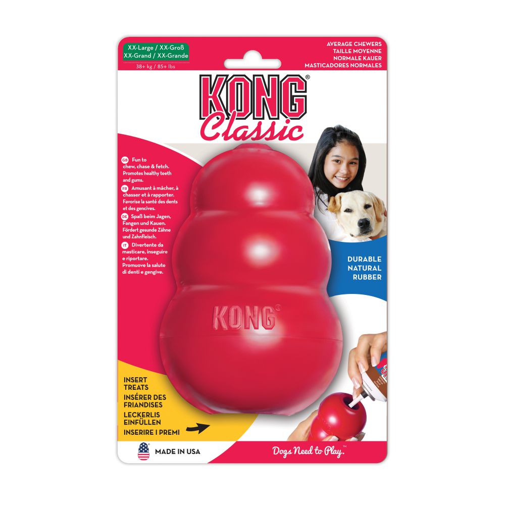 KONG Classic juguete resistente de caucho natural para perros, ideal para masticar, jugar y rellenar con snacks, disponible en Gabo y Gordo E Shop.