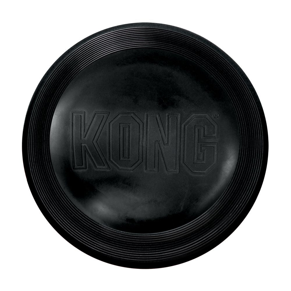 KONG Flyer Extreme frisbee negro resistente para perros con mordidas fuertes, seguro para dientes y encías