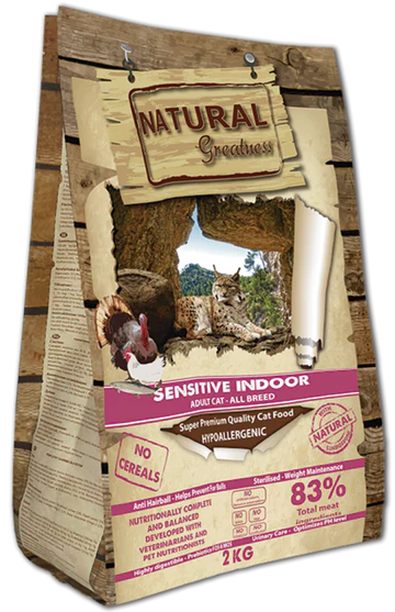 Pienso Natural Greatness Sensitive Indoor sin cereales para gatos adultos esterilizados o con sobrepeso