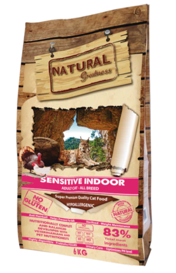 Pienso Natural Greatness Sensitive Indoor sin cereales para gatos adultos esterilizados o con sobrepeso