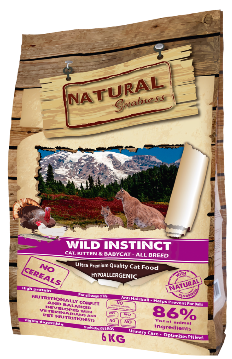 Pienso Natural Greatness Wild Instinct sin cereales para gatitos y gatos adultos