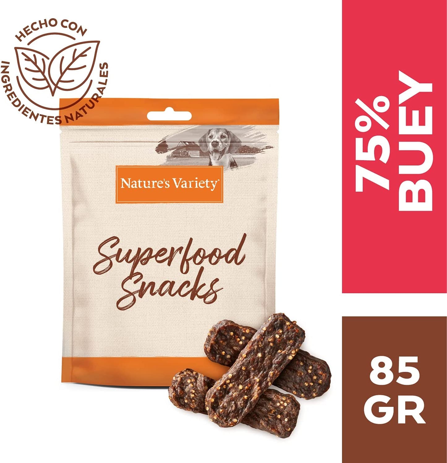 Snack natural para perro adulto con buey, espinaca y quinoa. Barritas cocidas al horno, bajas en calorías, sin conservantes ni colorantes.