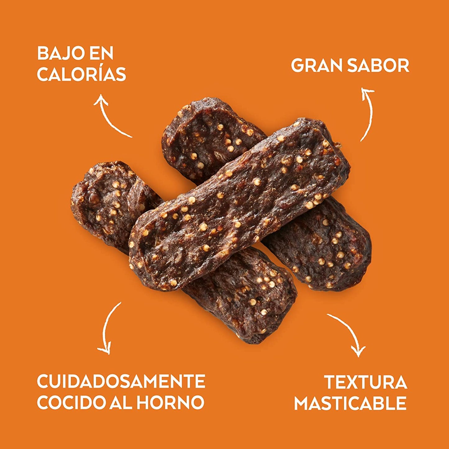 Snack natural para perro adulto con buey, espinaca y quinoa. Barritas cocidas al horno, bajas en calorías, sin conservantes ni colorantes.